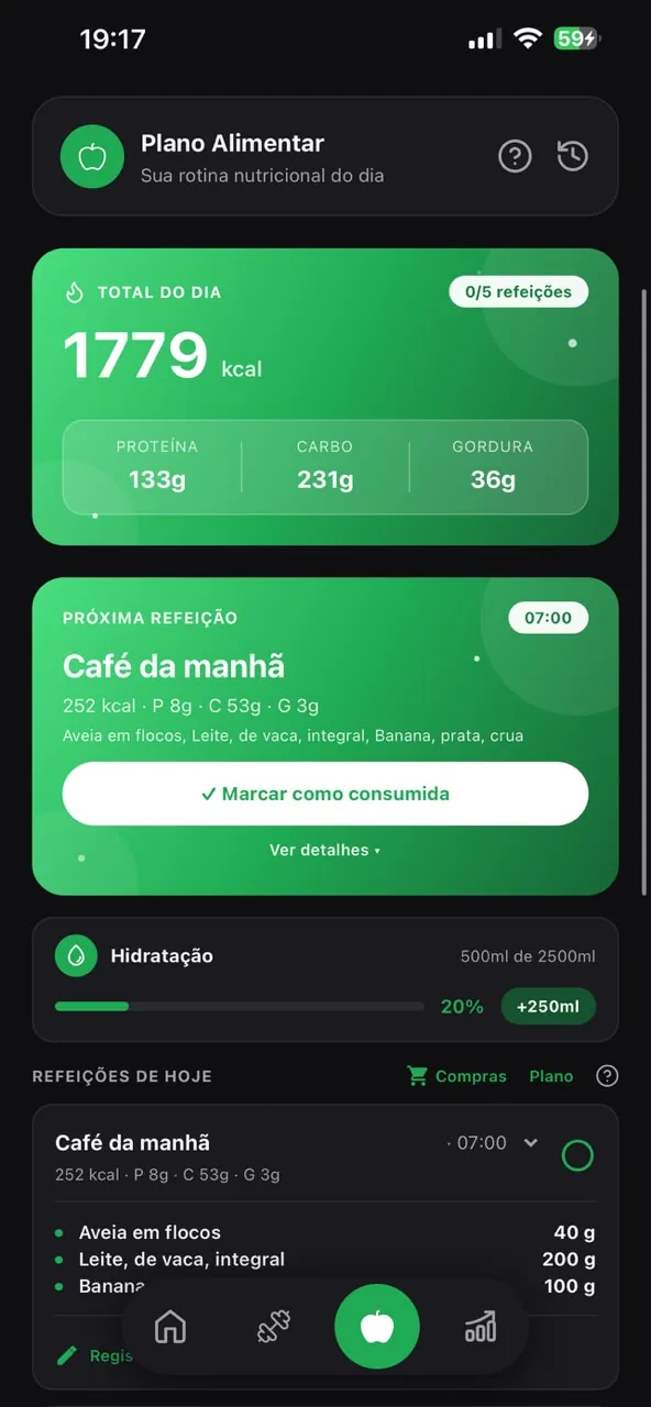 Plano alimentar no app HandFit, com calorias e macros do dia